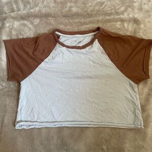 aerie White Crop Top with Brown Raglan Sleeves
